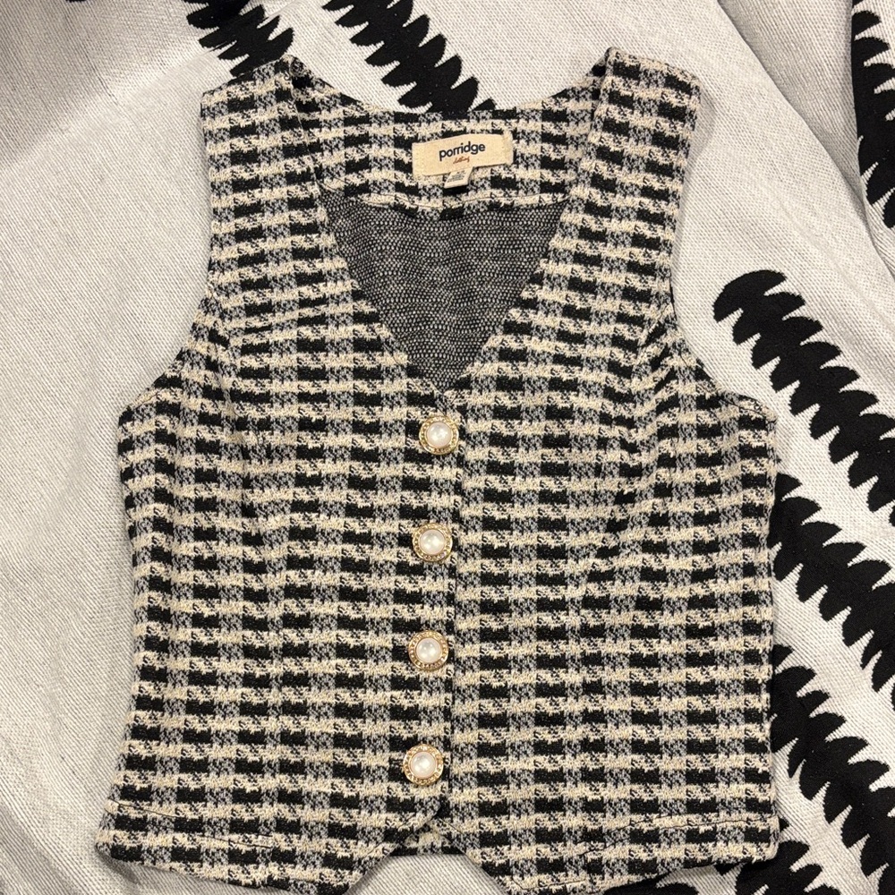 Pandora Black and White Houndstooth Vest with Pearl Accents